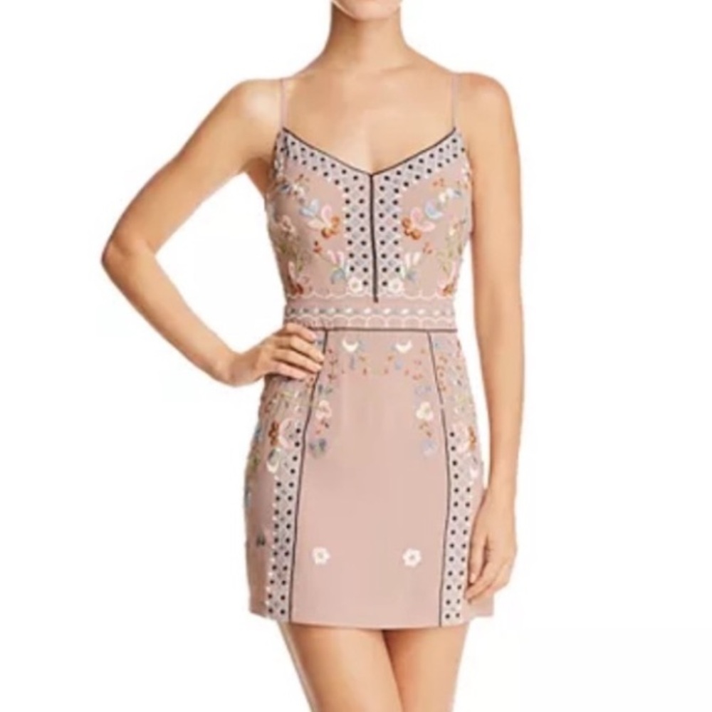 French Connection Embroidered Floral Mini Dress in Taupe